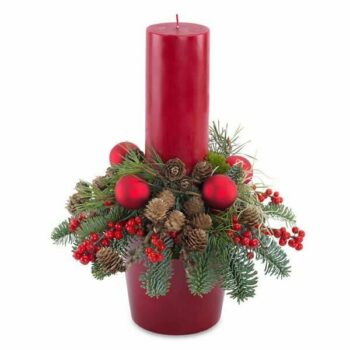 Christmas Candle Arrangement Featuring A Red Candle In A Red Pot, Surrounded By Larch, Spruce, Ilex Berries, Moss, Tillandsia, And Red Baubles.