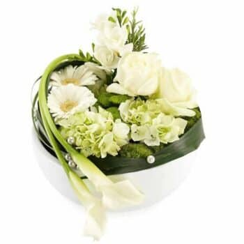 Almond Swirl Flower Basket Beautiful Basket Arrangement Featuring Calla Lilies, Roses, Hydrangea, Germini, Carnations, Moss, Aspidistra And Bear Grass For A Fresh, Elegant Look.