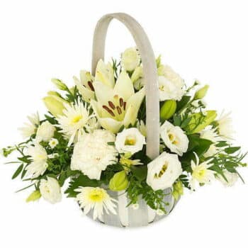 In Our Thoughts Flower Basket Featuring Miniature White Lilies, Blooming White Carnations, And Fresh Greenery Arranged In A Crisp White Basket.