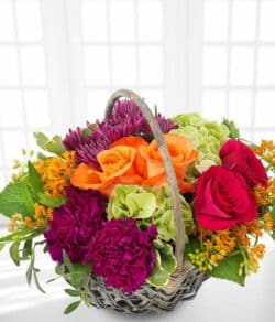 Pumpkin Patch Floral Basket Featuring Orange And Red Roses With Violet Carnations, Chrysanthemums, Green Hydrangea And Orange Asclepias In A Wicker Basket.