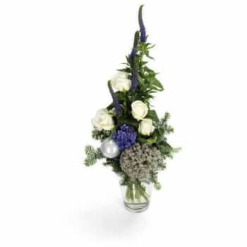 Arctic Forest Flower Bouquet Hand-Tied Bouquet Featuring Veronica, Hyacinths, Roses, Nobilis Fir And Moss In Crisp White And Blue Tones For A Fresh Winter Look.