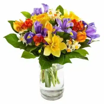 Sunbeam Flower Bouquet Sunbeam Flower Bouquet Featuring Narcissus, Daffodils, Freesia, Tulips, Iris, Eucalyptus, And Salal In Vibrant Spring Colours, Presented In An Aqua Pack.