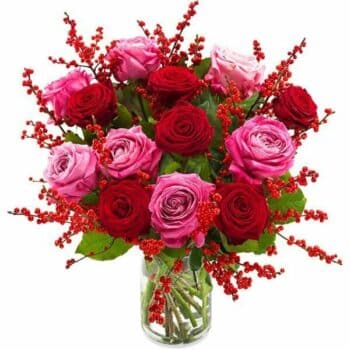 Redcurrant Flower Bouquet Featuring Hand-Tied Red And Cerise Roses In An Elegant Aqua Pack Arrangement, Perfect For Romantic Gifting.
