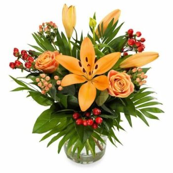 Sahara Sands Flower Bouquet Hand-Tied Sahara Sands Flower Bouquet Featuring Lilies, Roses, And Hypericum In Warm Desert-Inspired Tones, Presented In An Aqua Pack.