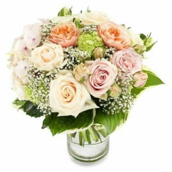 Soft Romance Flower Bouquet Hand-Tied Bouquet Featuring Pink, White, Cream, And Apricot Roses, Accented With Viburnum, Gypsophila, And Hosta Foliage.