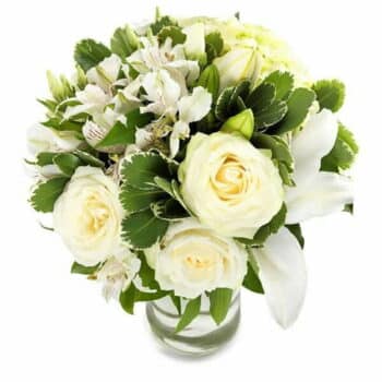 Soft Snow Flower Bouquet Hand-Tied Bouquet Featuring Hydrangea, Lilies, Roses, Alstroemeria, Eustoma And Pittosporum In Soft, Elegant Tones For A Fresh, Stylish Look.