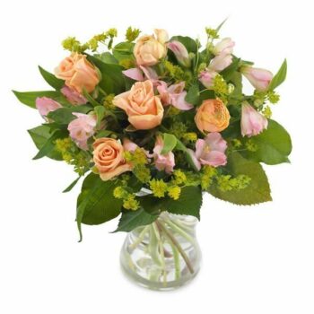 Peachy Keen Flower Bouquet Aqua-Packed Bouquet Featuring Roses, Alstroemeria, Ranunculus, And Bupleurum In Warm Peach And Pink Tones With Lush Greenery.