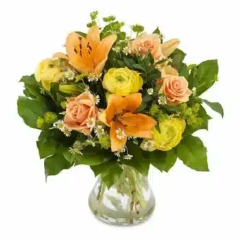 Golden Star Flower Bouquet Aqua-Packed Bouquet Featuring Roses, Ranunculus, Lilies, Tanacetum, And Bupleurum In Bright Orange And Yellow Tones With Greenery.