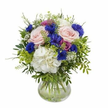 Periwinkle Flower Bouquet Aqua-Packed Bouquet Featuring Light Pink And Violet Roses, Hydrangea, Thlaspi, Alchemilla, And Pistacia In Pastel Tones.