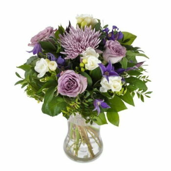 Ultra Violet Flower Bouquet Aqua-Packed Bouquet Featuring Purple Anastasia, Roses, Clematis, Freesia, And Pittosporum Greenery For A Luxurious Finish.
