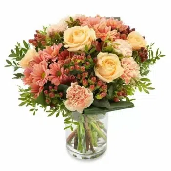 Caramel Cup Flower Bouquet Aqua-Packed Bouquet Featuring Chrysanthemums, Roses, Carnations, Hypericum Berries, And Pistacia In Soft Cream And Peach Tones.