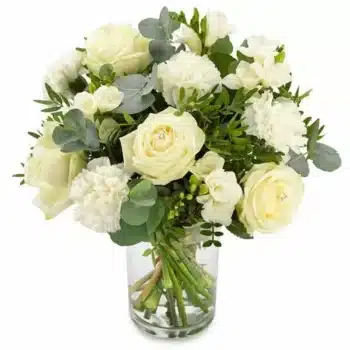 Diamond Bright Flower Bouquet Hand-Tied Aqua Pack Bouquet Featuring Roses And Freesias In A Soft Palette Of Whites, Creams And Greens For A Fresh, Elegant Look.