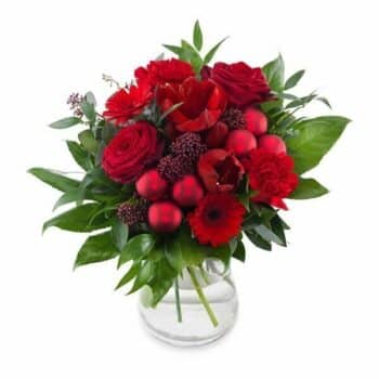 Mulled Wine Flower Bouquet Featuring Amaryllis, Roses, Germini, Carnations, Skimmia, Ruscus, Panicum Grass, And Eucalyptus In A Red Aqua Pack.