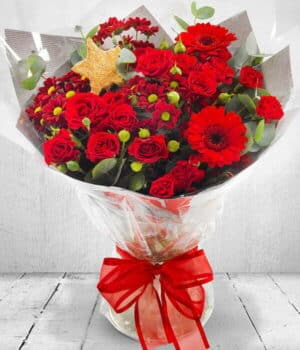 Festive Star Flower Bouquet Featuring Red Roses, Germini, Chrysanthemums, Hypericum Berries, And Pine Cones In A Stylish Aqua Pack Gift Bag.