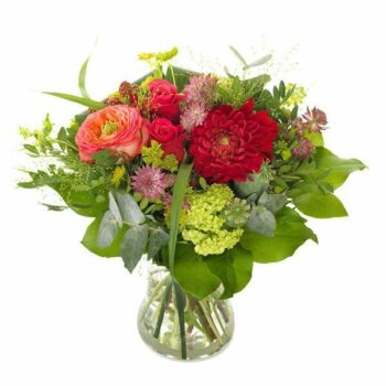 Berry Blast Flower Bouquet Featuring Dahlias, Roses, Astrantia, Bupleurum, Panicum, Eucalyptus, Papaver, Rubus Berries, And Salal In Warm Autumn Shades.