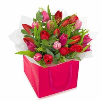 Love Heart Flower Bouquet A Bouquet Of Fresh Pink And Red Tulips Arranged In A Colour-Matched Gift Bag, Ready For Display And Hand-Delivered With Care.