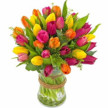 Tulip Fayre Flower Bouquet Featuring A Large Bunch Of Vibrant Tulips Arranged In A Stylish Vase, Ready For Display And Hand-Delivered.