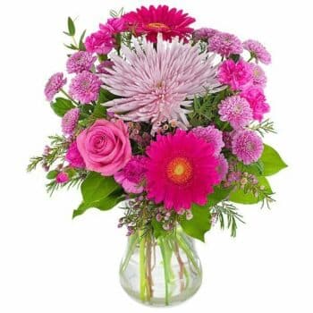 Pink Joy Flower Bouquet A Vibrant Hand-Tied Bouquet Featuring Pink And Purple Roses, Alstroemeria, Chrysanthemums, And Lush Seasonal Foliage For A Joyful Display.