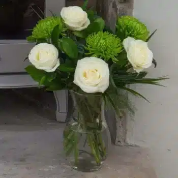 Shamrock Blooms Flower Bouquet Featuring Cream Roses And Lime-Green Shamrock Chrysanthemums With Seasonal Foliage For A Vibrant, Elegant Arrangement.
