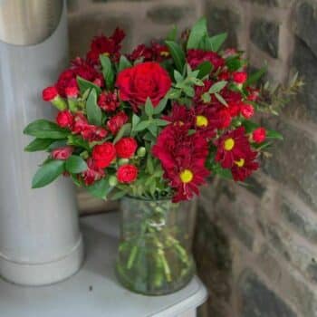 Flowers For My Valentine Bouquet Hand-Tied Valentine’s Bouquet Featuring Rich Red Roses, Spray Chrysanthemums, And Red Alstroemeria With Lush Foliage For A Romantic Display.
