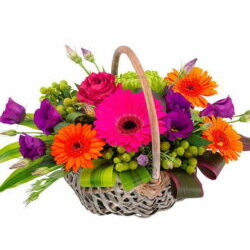 Vibrant Flower Basket Featuring Cerise Roses, Gerberas, Orange Roses, Germini, Purple Lisianthus And Green Chrysanthemums Arranged Beautifully.