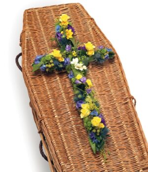 Floral Cross Funeral Tribute Loose Floral Cross Featuring Roses, Freesias, And Hydrangeas With Complementary Foliage, Arranged As A Graceful Funeral Tribute.