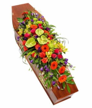 Vibrant Coffin Spray Colourful Coffin Spray Featuring Cerise Roses, Green Cymbidium Orchids, Orange Gerberas, Carnations, Purple Lisianthus, And Lush Foliage.