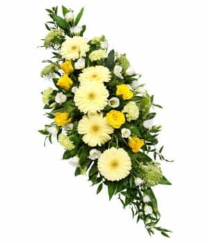 Yellow Double-Ended Spray Featuring Yellow Roses, Cream Gerberas, White Lisianthus, Ammi, Green Carnations, And Fresh Greenery.