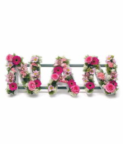 Funeral Flowers 5 Funeral Tributes Lettering Arrangement Spelling Out A Name In Fresh Flowers, Crafted With Care And Vibrant Blooms For A Heartfelt Farewell.