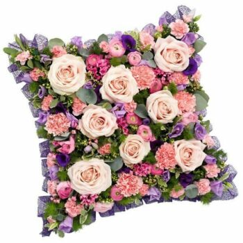 Pink And Mauve Cushion Tribute Featuring Light Pink And Lilac Flowers With Greenery, Arranged In A Soft, Elegant Design.