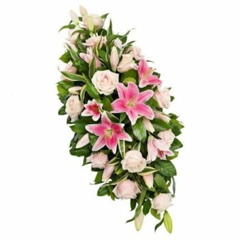 Rose And Lily Double Ended Spray Featuring Pink Lilies And Pink Roses Arranged In A Symmetrical 2 Ft Design With Greenery Accents.