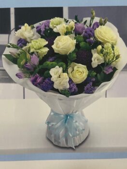 Simply Vintage Flower Bouquet A Hand-Tied Bouquet Featuring White Roses And Freesias With Lilac Lisianthus, Trachelium, Lavender Statice, Green Chrysanthemums, And Carnations.