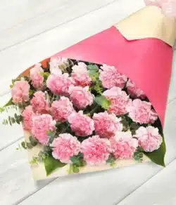 Pastel Delight Flower Bouquet featuring 20 pink carnations in a stylish wrap, hand-prepared for an elegant and long-lasting floral gift.