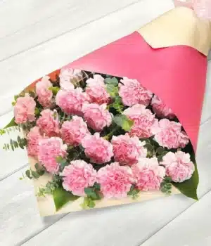 Pastel Delight Flower Bouquet Featuring 20 Pink Carnations In A Stylish Wrap, Hand-Prepared For An Elegant And Long-Lasting Floral Gift.