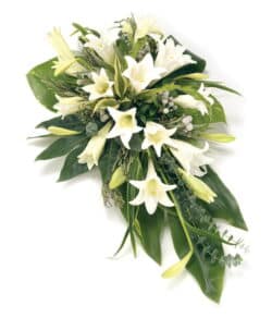 Single ended Lily funeral spray featuring white Longiflorum Lilies and green foliage, arranged in a classic, elegant design for a dignified tribute.