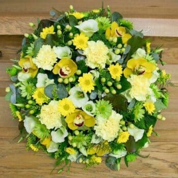 Fond Farewell Flower Posy – Luxury Yellow Wreath Featuring Cymbidium Orchids, Lemon Carnations, Green Lisianthus, Spray Chrysanthemums, And Mixed Foliage.
