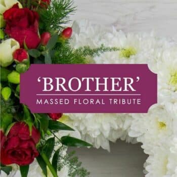 Brother Tribute Lettering Spelling “Brother” With A White Chrysanthemum Base And Ribbon Edging In A Choice Of Masculine Or Neutral Tones.