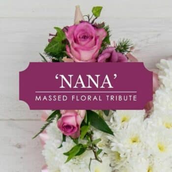 Nana Tribute Lettering Spelling “Nana” With A White Chrysanthemum Base And Ribbon Edging In A Choice Of Feminine Or Neutral Tones.