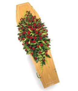 Funeral Coffin Spray With Fresh Flowers Arranged In A Full-Length Design, Placed On The Coffin As A Heartfelt Tribute