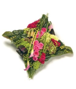 Contemporary cushion tribute featuring pink calla lilies, roses, green hydrangeas, chrysanthemums, carnations, and foliage in a stylish design.