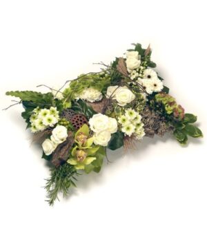 Green And White Pillow Tribute Pillow-Shaped Floral Tribute Featuring Roses, Cymbidium Orchids, Chrysanthemums, Hydrangea, And Rich Green Foliage.