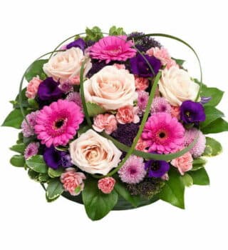 Pink Flower Posy Pink And Purple Posy Pad Featuring Pink Roses, Carnations, Cerise Germini, Purple Lisianthus, Trachelium, And Lavender Chrysanthemums.