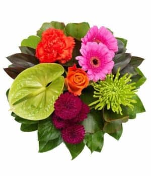 Vibrant Posy Tribute Bright Floral Posy Featuring Orange Rose, Cerise Germini, Green And Purple Chrysanthemums, Orange Carnations, Red Cordyline, And Greenery.