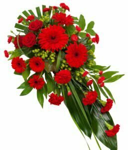 Funeral Sheaf Arrangement With Fresh Flowers And Greenery, Designed As A Traditional Tribute For A Dignified Farewell.