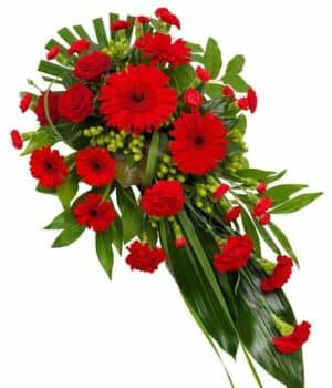 Red Spray Single-Ended Red Spray Featuring Roses, Gerberas, Germini, And Carnations, Arranged With Rich Green Foliage For An Elegant Tribute.