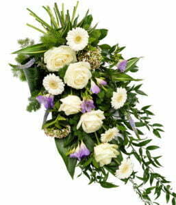 Funeral Sheaf Arrangement With Fresh Flowers And Greenery, Designed As A Traditional Tribute For A Dignified Farewell.