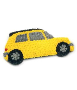 Car Flower Tribute Yellow car-shaped floral tribute made from Chrysanthemums with spray paint detailing, designed as a vibrant and creative memorial.