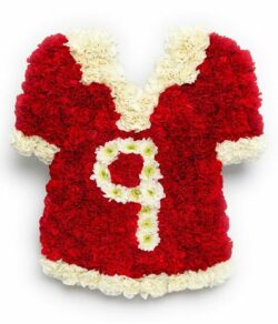 Football Shirt Flower Tribute Red-and-white football shirt tribute crafted from Carnations and Chrysanthemums for a bold and personalised floral design.
