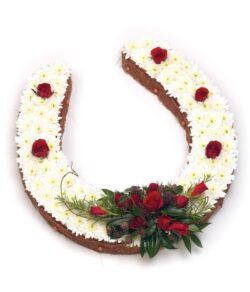 Horse Shoe Flower Tribute Horse shoe-shaped floral tribute featuring a white Chrysanthemum base with red Rose accents, designed for a meaningful memorial.