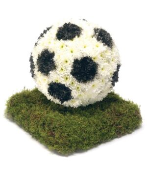 Football Flower Tribute Football-Shaped Floral Tribute Featuring White Spray Chrysanthemums And Moss Accents, Designed As A 3D Memorial For Sports Enthusiasts.